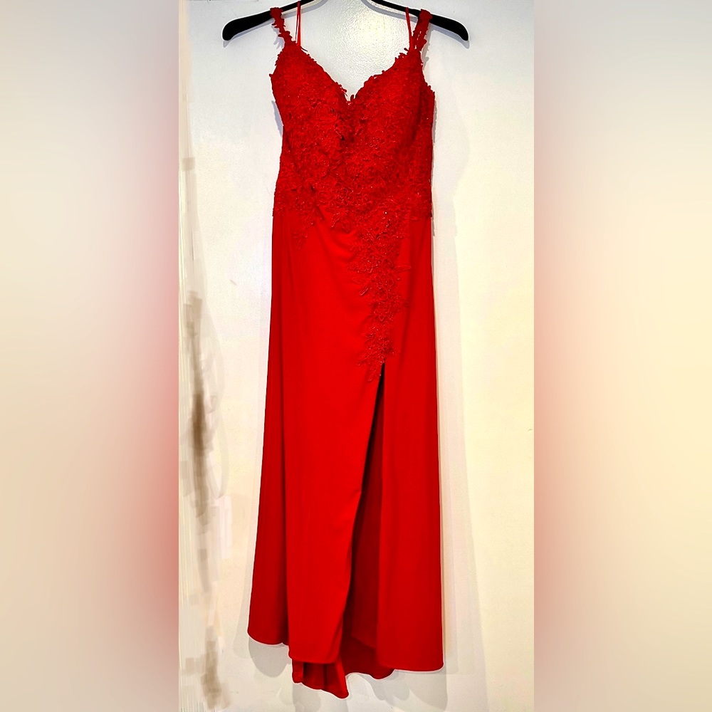 Red Embroidered Spaghetti Strap Gown, Bra inserts added, Size 10